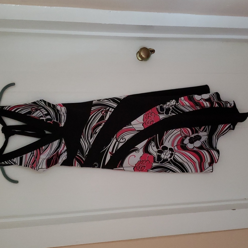 Asymmetrical Halter Dress in Black, White & Pink - Stylish Floral Print